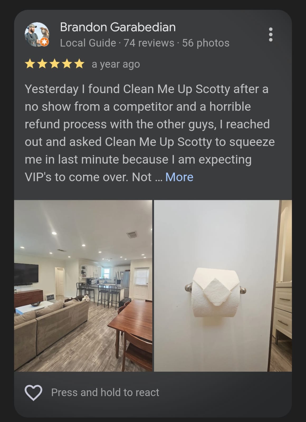 5 star Google review for Clean Me Up Scotty San Diego